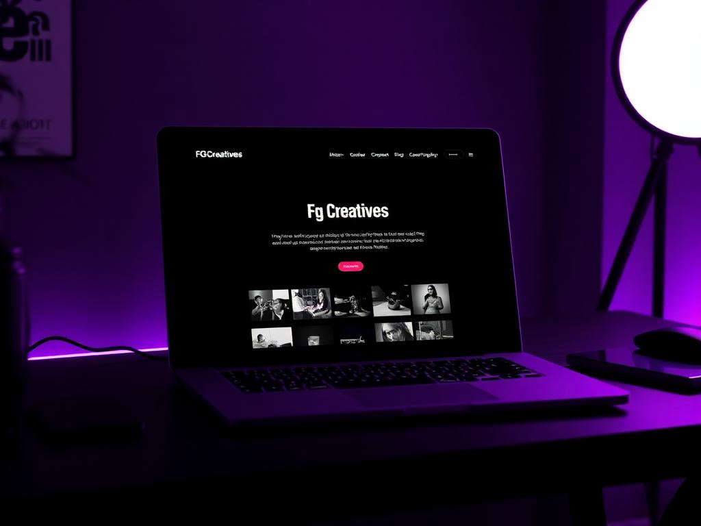 Dark, minimal portfolio website mockup on a laptop
