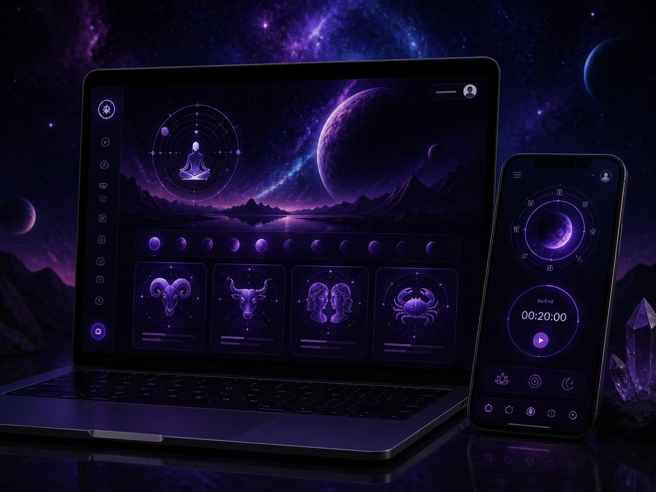 Space Guru cosmic wellness app shown on a laptop and mobile with a purple nebula backdrop, horoscope cards and meditation timer