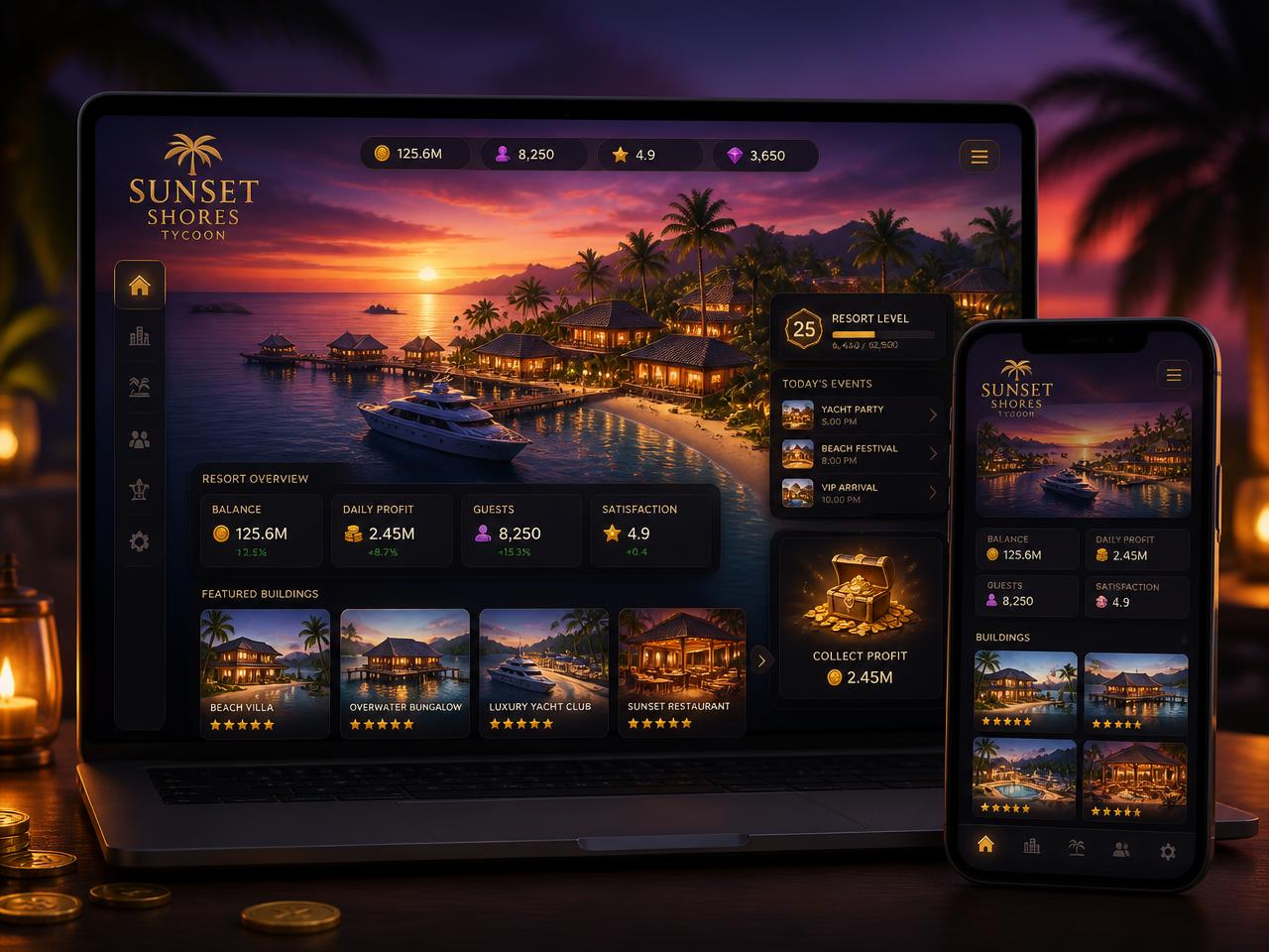 Sunset Shores Tycoon resort simulation shown on a laptop and mobile with a tropical sunset backdrop
